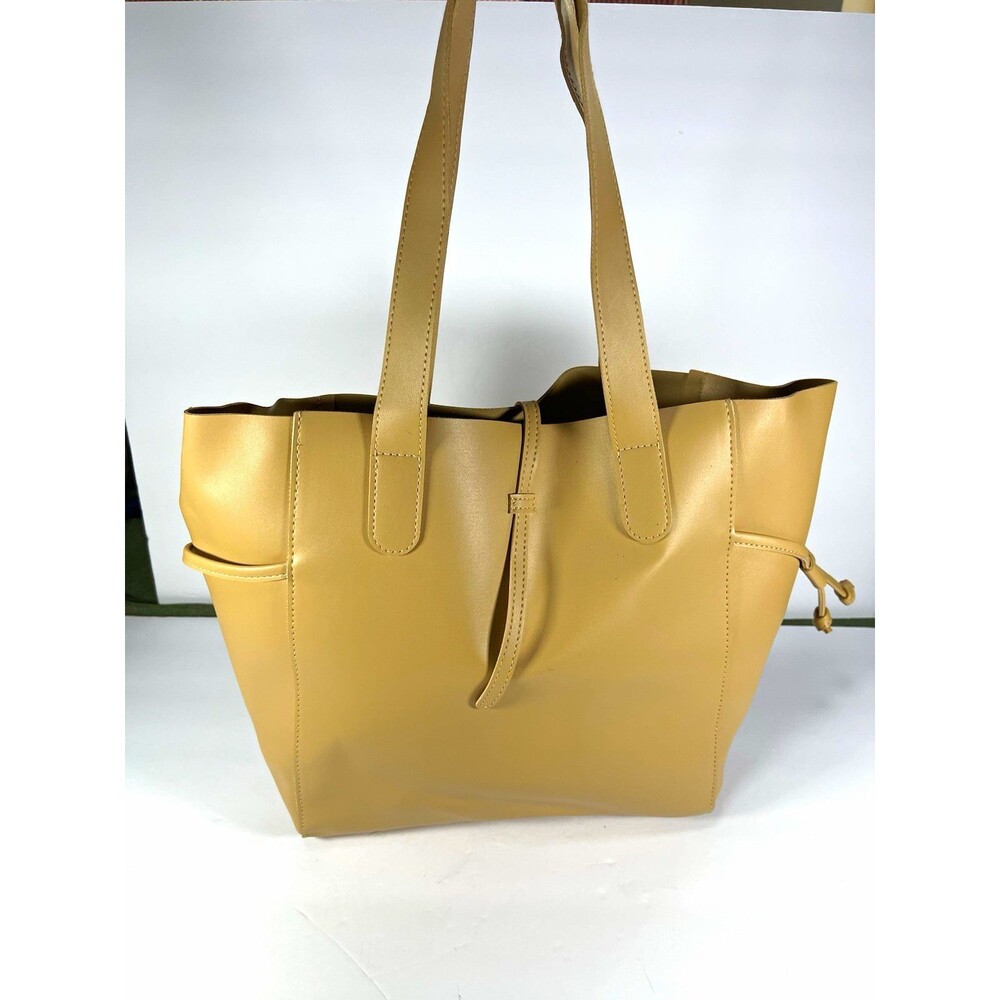 Beige Matte Tote Bag Drawstring Closure Double Handles Solid Medium Casual